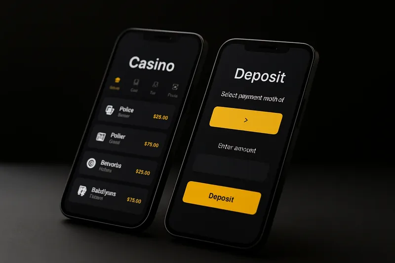 Casino App Smartphones Two smartphones showing dark casino app lobby and deposit screen