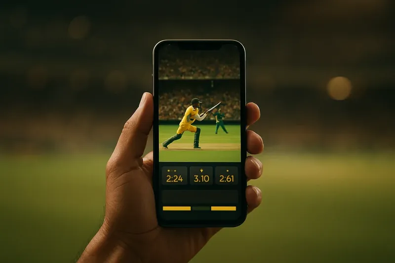 Hand holding smartphone showing live cricket match and real-time odds
