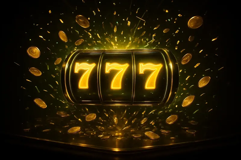 Glowing slot reels with massive win, coins and confetti bursting outward