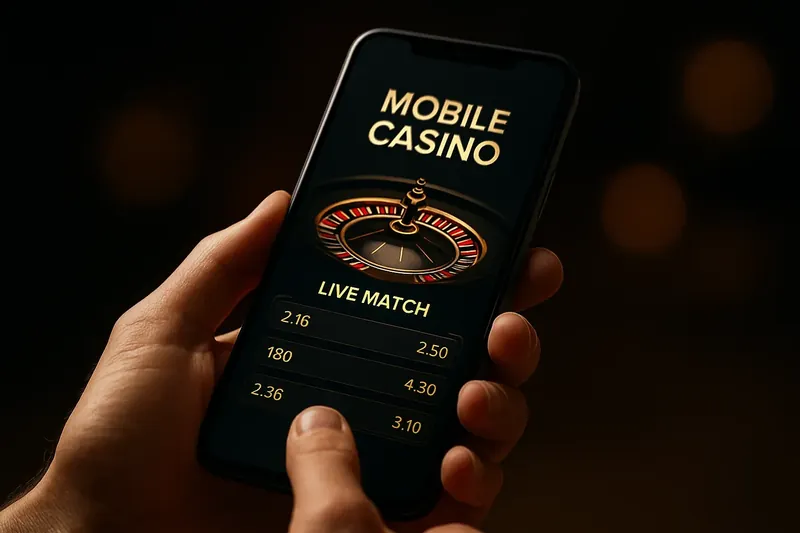 Hands holding smartphone with mobile casino interface and live match odds