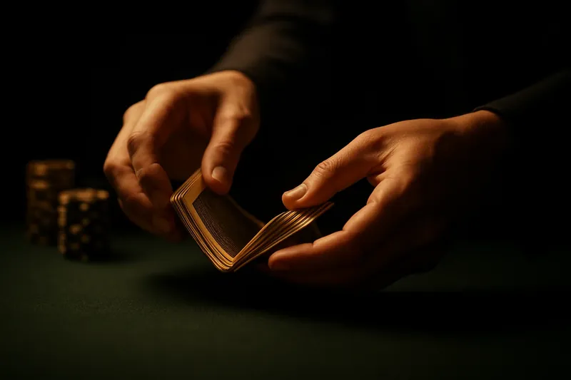 Close-up of dealer hands shuffling cards over green felt table