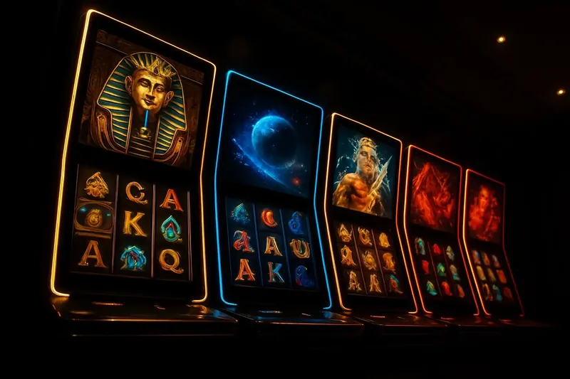 Five vivid video slot screens with neon lighting and fantasy themes